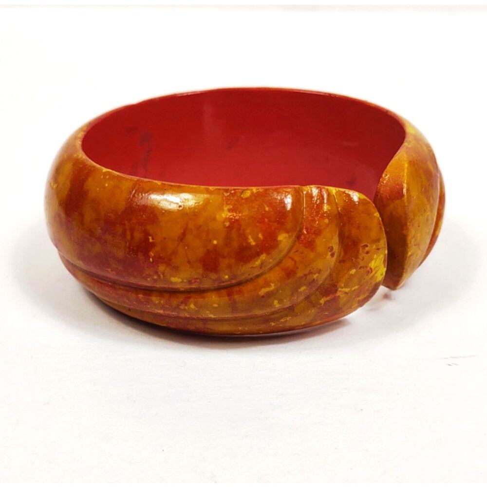 Vintage Thick Wooden Chunky Cuff Bracelet Handpainted Hippie Boho 70's Handmade